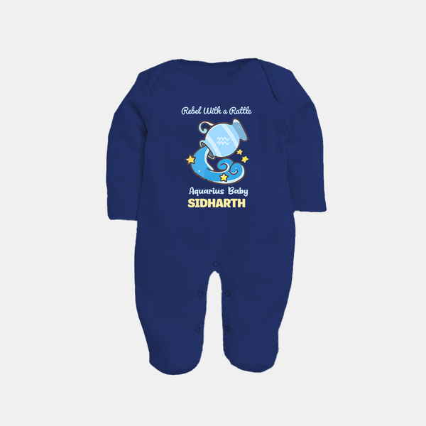 Rebel With A Rattle Aquarius Baby Sleepsuit / Full Sleeve Bodysuit | Personalized Aquarius Sleepsuit / Full Sleeve Bodysuit for Your Rebellious Baby - NAVY BLUE - New Born (Chest 7.5")