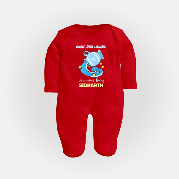Rebel With A Rattle Aquarius Baby Sleepsuit / Full Sleeve Bodysuit | Personalized Aquarius Sleepsuit / Full Sleeve Bodysuit for Your Rebellious Baby - RED - New Born (Chest 7.5")