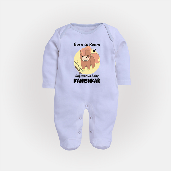 Born To Roam Sagittarius Baby Sleepsuit / Full Sleeve Bodysuit | Custom Sagittarius Sleepsuit / Full Sleeve Bodysuit for Your Adventurous Baby - BABY BLUE - New Born (Chest 7.5")