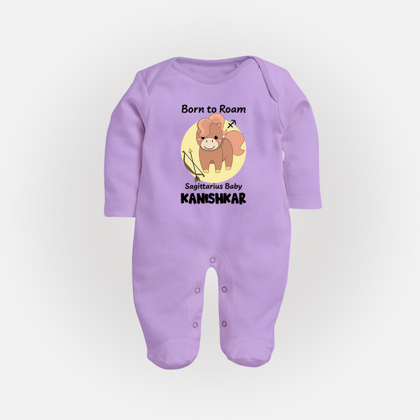 Born To Roam Sagittarius Baby Sleepsuit / Full Sleeve Bodysuit | Custom Sagittarius Sleepsuit / Full Sleeve Bodysuit for Your Adventurous Baby - LILAC - New Born (Chest 7.5")