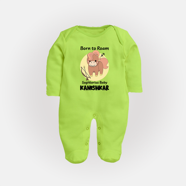 Born To Roam Sagittarius Baby Sleepsuit / Full Sleeve Bodysuit | Custom Sagittarius Sleepsuit / Full Sleeve Bodysuit for Your Adventurous Baby - LIME GREEN - New Born (Chest 7.5")