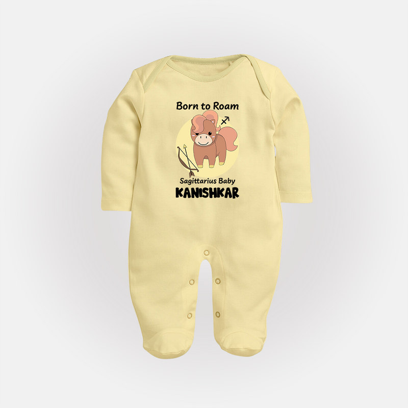 Born To Roam Sagittarius Baby Sleepsuit / Full Sleeve Bodysuit | Custom Sagittarius Sleepsuit / Full Sleeve Bodysuit for Your Adventurous Baby - PASTEL YELLOW - New Born (Chest 7.5")