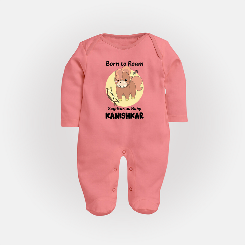 Born To Roam Sagittarius Baby Sleepsuit / Full Sleeve Bodysuit | Custom Sagittarius Sleepsuit / Full Sleeve Bodysuit for Your Adventurous Baby - PEACH - New Born (Chest 7.5")