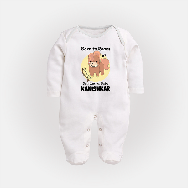 Born To Roam Sagittarius Baby Sleepsuit / Full Sleeve Bodysuit | Custom Sagittarius Sleepsuit / Full Sleeve Bodysuit for Your Adventurous Baby - WHITE - New Born (Chest 7.5")