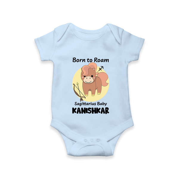 Born To Roam Sagittarius Baby Romper / Onesie | Custom Sagittarius Romper / Onesie for Your Adventurous Baby - BABY BLUE - New Born (Chest 14")