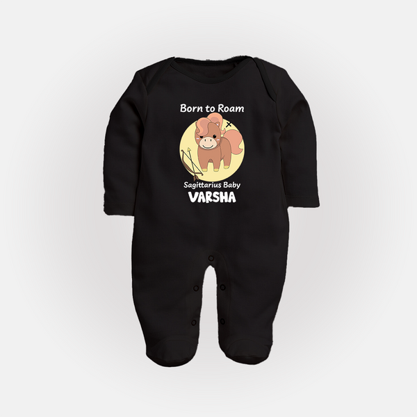 Born To Roam Sagittarius Baby Sleepsuit / Full Sleeve Bodysuit | Custom Sagittarius Sleepsuit / Full Sleeve Bodysuit for Your Adventurous Baby - BLACK - New Born (Chest 7.5")