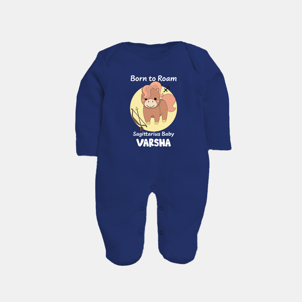 Born To Roam Sagittarius Baby Sleepsuit / Full Sleeve Bodysuit | Custom Sagittarius Sleepsuit / Full Sleeve Bodysuit for Your Adventurous Baby - NAVY BLUE - New Born (Chest 7.5")