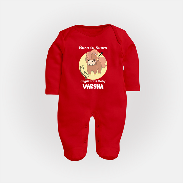 Born To Roam Sagittarius Baby Sleepsuit / Full Sleeve Bodysuit | Custom Sagittarius Sleepsuit / Full Sleeve Bodysuit for Your Adventurous Baby - RED - New Born (Chest 7.5")
