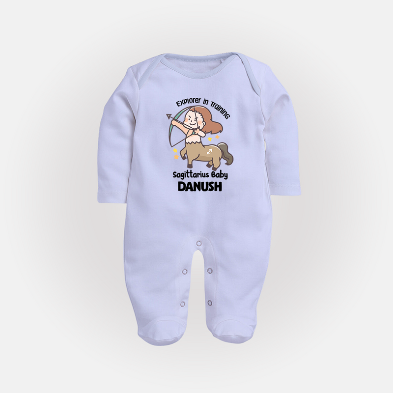 Explorer In Training Sagittarius Baby Sleepsuit / Full Sleeve Bodysuit | Personalized Sagittarius Sleepsuit / Full Sleeve Bodysuit for Your Little Explorer - BABY BLUE - New Born (Chest 7.5")
