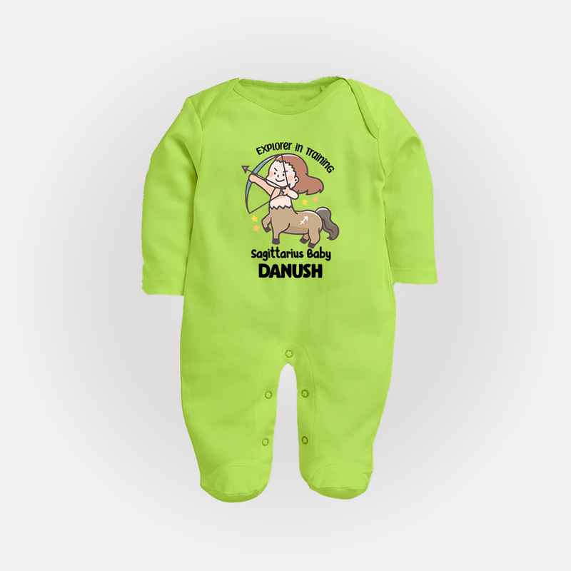 Explorer In Training Sagittarius Baby Sleepsuit / Full Sleeve Bodysuit | Personalized Sagittarius Sleepsuit / Full Sleeve Bodysuit for Your Little Explorer - LIME GREEN - New Born (Chest 7.5")