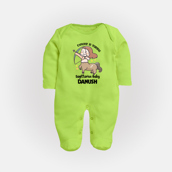 Explorer In Training Sagittarius Baby Sleepsuit / Full Sleeve Bodysuit | Personalized Sagittarius Sleepsuit / Full Sleeve Bodysuit for Your Little Explorer - LIME GREEN - New Born (Chest 7.5")