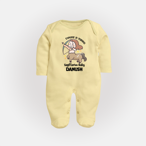 Explorer In Training Sagittarius Baby Sleepsuit / Full Sleeve Bodysuit | Personalized Sagittarius Sleepsuit / Full Sleeve Bodysuit for Your Little Explorer - PASTEL YELLOW - New Born (Chest 7.5")