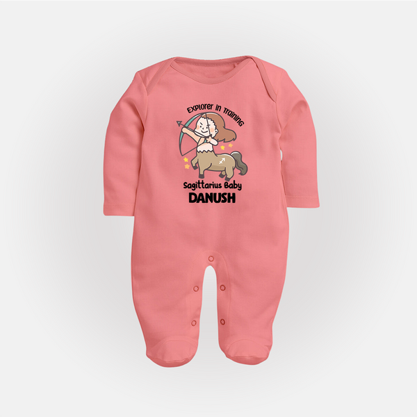 Explorer In Training Sagittarius Baby Sleepsuit / Full Sleeve Bodysuit | Personalized Sagittarius Sleepsuit / Full Sleeve Bodysuit for Your Little Explorer - PEACH - New Born (Chest 7.5")