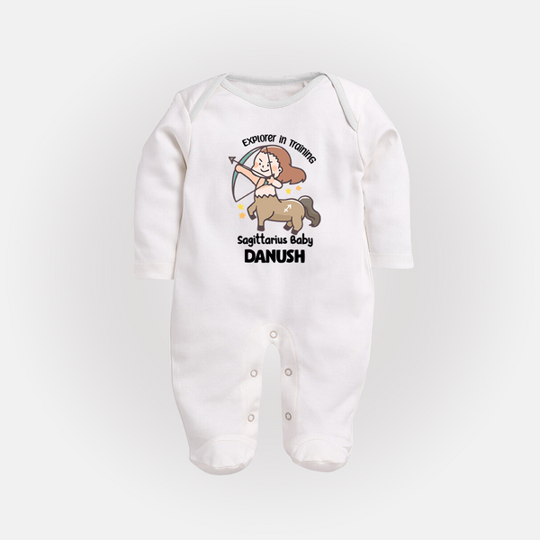 Explorer In Training Sagittarius Baby Sleepsuit / Full Sleeve Bodysuit | Personalized Sagittarius Sleepsuit / Full Sleeve Bodysuit for Your Little Explorer - WHITE - New Born (Chest 7.5")