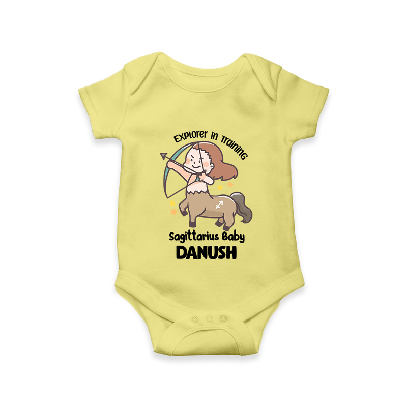 Explorer In Training Sagittarius Baby Romper / Onesie | Personalized Sagittarius Romper / Onesie for Your Little Explorer - PASTEL YELLOW - New Born (Chest 14")