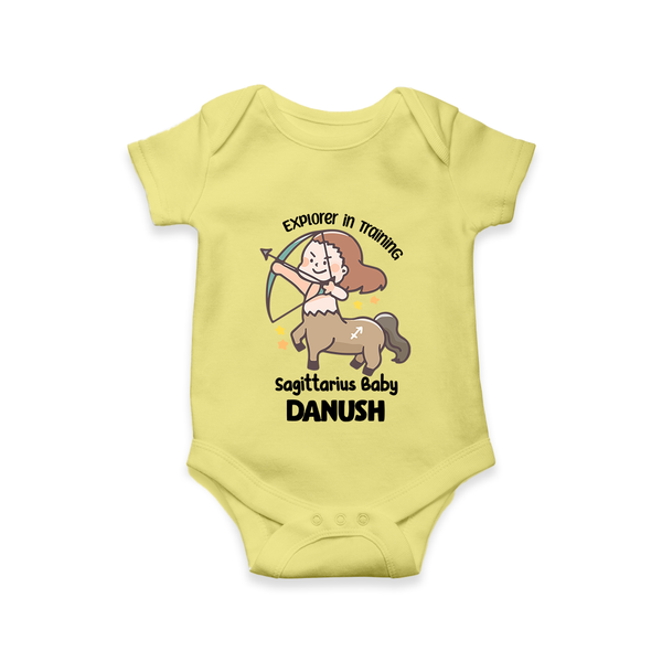 Explorer In Training Sagittarius Baby Romper / Onesie | Personalized Sagittarius Romper / Onesie for Your Little Explorer - PASTEL YELLOW - New Born (Chest 14")