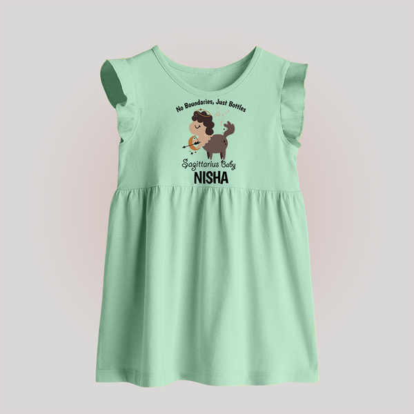 No Boundaries, Just Bottles Sagittarius Baby Frock | Custom Sagittarius Baby Frock for Your Free-Spirited Baby - MINT GREEN - 0 - 3 Months Old (Chest 17")