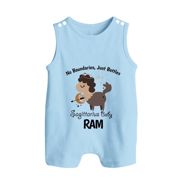 No Boundaries, Just Bottles Sagittarius Romper Suit / Sleeveless Romper | Custom Sagittarius Romper Suit / Sleeveless Romper for Your Free-Spirited Baby - BABY BLUE - 0 - 5 Months Old (Chest 18")