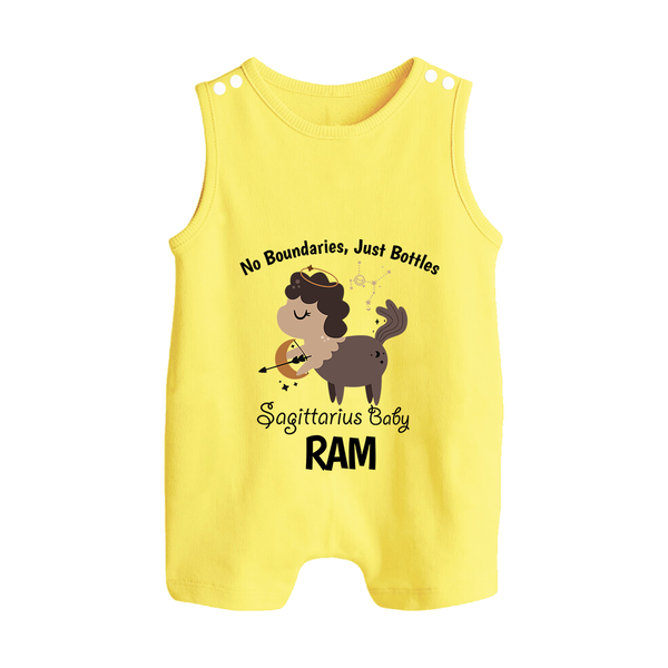 No Boundaries, Just Bottles Sagittarius Romper Suit / Sleeveless Romper | Custom Sagittarius Romper Suit / Sleeveless Romper for Your Free-Spirited Baby - PASTEL YELLOW - 0 - 5 Months Old (Chest 18")
