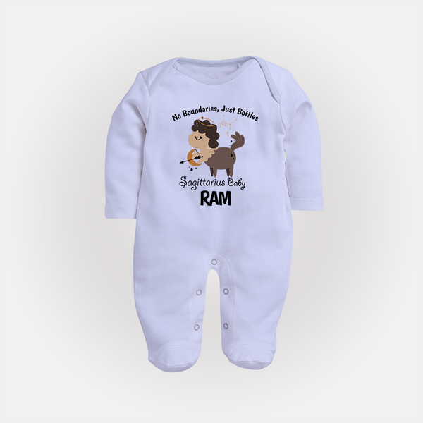 No Boundaries, Just Bottles Sagittarius Sleepsuit / Full Sleeve Bodysuit | Custom Sagittarius Sleepsuit / Full Sleeve Bodysuit for Your Free-Spirited Baby - BABY BLUE - New Born (Chest 7.5")