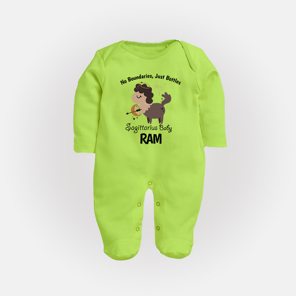 No Boundaries, Just Bottles Sagittarius Sleepsuit / Full Sleeve Bodysuit | Custom Sagittarius Sleepsuit / Full Sleeve Bodysuit for Your Free-Spirited Baby - LIME GREEN - New Born (Chest 7.5")