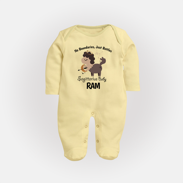 No Boundaries, Just Bottles Sagittarius Sleepsuit / Full Sleeve Bodysuit | Custom Sagittarius Sleepsuit / Full Sleeve Bodysuit for Your Free-Spirited Baby - PASTEL YELLOW - New Born (Chest 7.5")