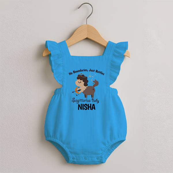 No Boundaries, Just Bottles Sagittarius Romper Frock | Custom Sagittarius Romper Frock for Your Free-Spirited Baby - SKY BLUE - 0 - 3 Months Old (Chest 19")