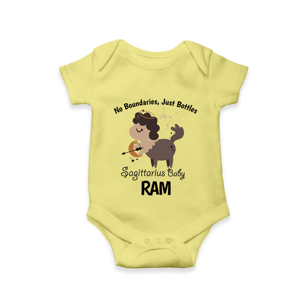 No Boundaries, Just Bottles Sagittarius Romper / Onesie | Custom Sagittarius Romper / Onesie for Your Free-Spirited Baby - PASTEL YELLOW - New Born (Chest 14")