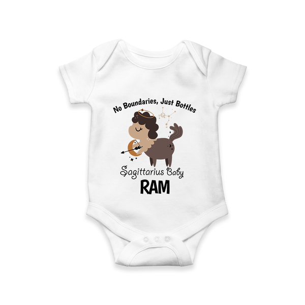 No Boundaries, Just Bottles Sagittarius Romper / Onesie | Custom Sagittarius Romper / Onesie for Your Free-Spirited Baby - WHITE - New Born (Chest 14")
