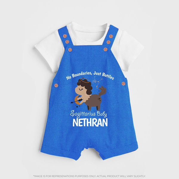 No Boundaries, Just Bottles Sagittarius Dungaree Set | Custom Sagittarius Dungaree Set for Your Free-Spirited Baby - COBALT BLUE - 0 - 5 Months Old (Chest 18")
