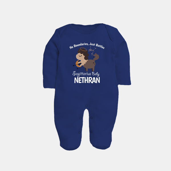 No Boundaries, Just Bottles Sagittarius Sleepsuit / Full Sleeve Bodysuit | Custom Sagittarius Sleepsuit / Full Sleeve Bodysuit for Your Free-Spirited Baby - NAVY BLUE - New Born (Chest 7.5")