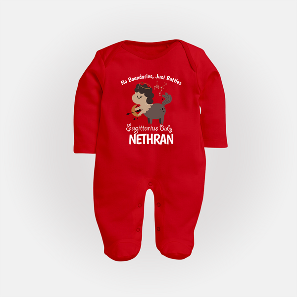 No Boundaries, Just Bottles Sagittarius Sleepsuit / Full Sleeve Bodysuit | Custom Sagittarius Sleepsuit / Full Sleeve Bodysuit for Your Free-Spirited Baby - RED - New Born (Chest 7.5")