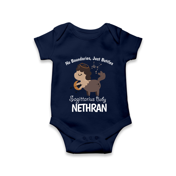 No Boundaries, Just Bottles Sagittarius Romper / Onesie | Custom Sagittarius Romper / Onesie for Your Free-Spirited Baby - NAVY BLUE - New Born (Chest 14")