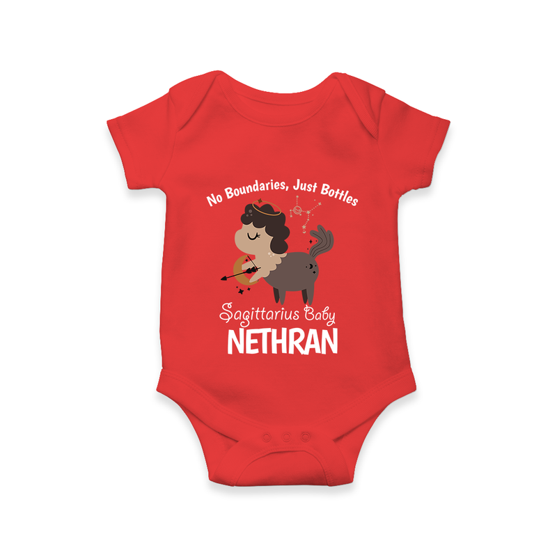 No Boundaries, Just Bottles Sagittarius Romper / Onesie | Custom Sagittarius Romper / Onesie for Your Free-Spirited Baby - RED - New Born (Chest 14")