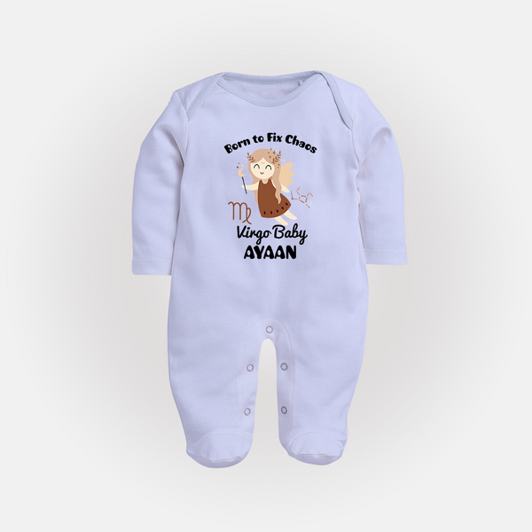 Born To Fix Chaos Virgo Baby Sleepsuit / Full Sleeve Bodysuit | Personalized Virgo Sleepsuit / Full Sleeve Bodysuit for Your Little Perfectionist - BABY BLUE - New Born (Chest 7.5")