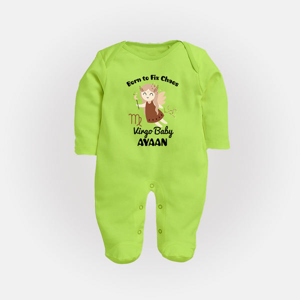 Born To Fix Chaos Virgo Baby Sleepsuit / Full Sleeve Bodysuit | Personalized Virgo Sleepsuit / Full Sleeve Bodysuit for Your Little Perfectionist - LIME GREEN - New Born (Chest 7.5")