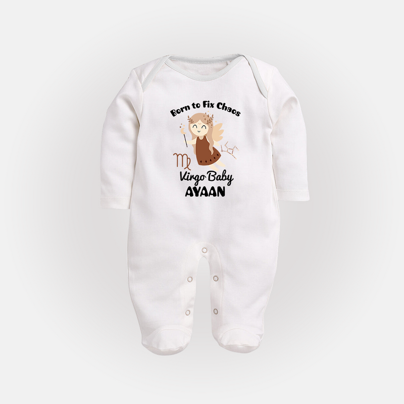 Born To Fix Chaos Virgo Baby Sleepsuit / Full Sleeve Bodysuit | Personalized Virgo Sleepsuit / Full Sleeve Bodysuit for Your Little Perfectionist - WHITE - New Born (Chest 7.5")