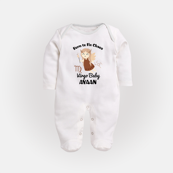 Born To Fix Chaos Virgo Baby Sleepsuit / Full Sleeve Bodysuit | Personalized Virgo Sleepsuit / Full Sleeve Bodysuit for Your Little Perfectionist - WHITE - New Born (Chest 7.5")