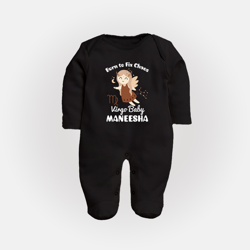 Born To Fix Chaos Virgo Baby Sleepsuit / Full Sleeve Bodysuit | Personalized Virgo Sleepsuit / Full Sleeve Bodysuit for Your Little Perfectionist - BLACK - New Born (Chest 7.5")