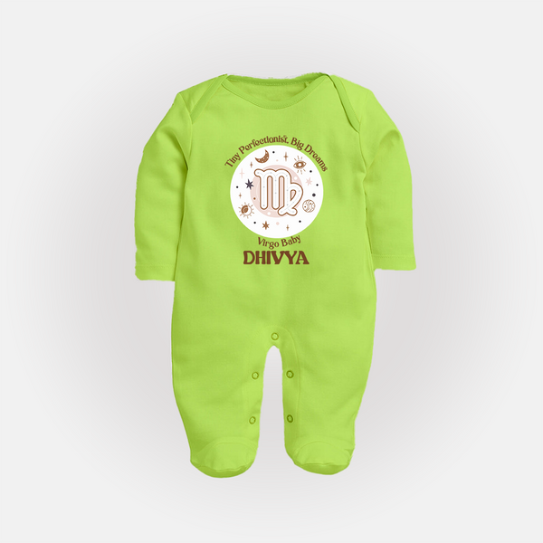 Tiny Perfectionist, Big Dreams Virgo Baby Sleepsuit / Full Sleeve Bodysuit | Personalized Virgo Sleepsuit / Full Sleeve Bodysuit for Your Little Dreamer - LIME GREEN - New Born (Chest 7.5")