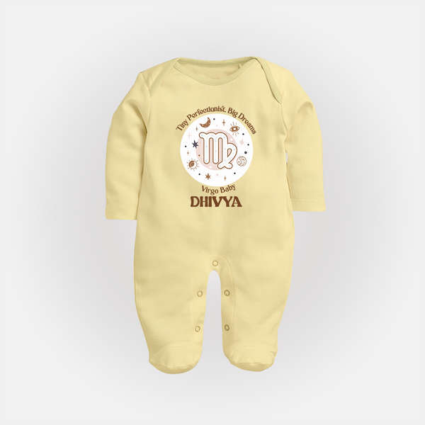 Tiny Perfectionist, Big Dreams Virgo Baby Sleepsuit / Full Sleeve Bodysuit | Personalized Virgo Sleepsuit / Full Sleeve Bodysuit for Your Little Dreamer - PASTEL YELLOW - New Born (Chest 7.5")