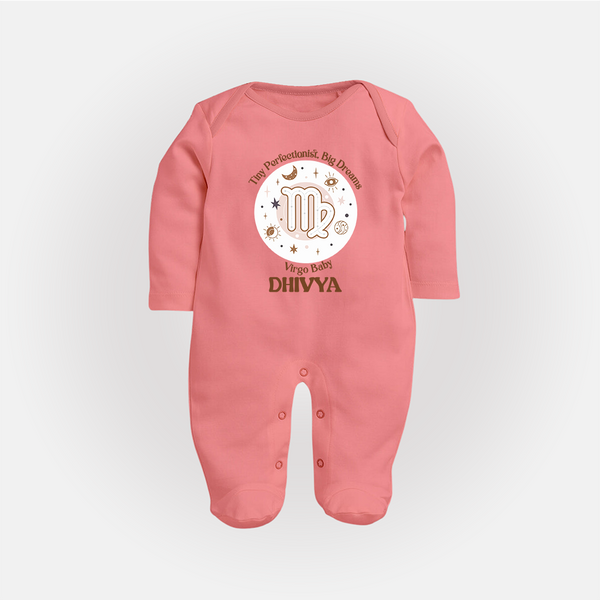 Tiny Perfectionist, Big Dreams Virgo Baby Sleepsuit / Full Sleeve Bodysuit | Personalized Virgo Sleepsuit / Full Sleeve Bodysuit for Your Little Dreamer - PEACH - New Born (Chest 7.5")
