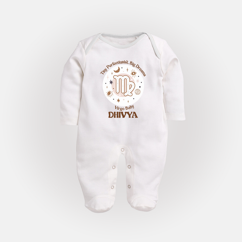 Tiny Perfectionist, Big Dreams Virgo Baby Sleepsuit / Full Sleeve Bodysuit | Personalized Virgo Sleepsuit / Full Sleeve Bodysuit for Your Little Dreamer - WHITE - New Born (Chest 7.5")