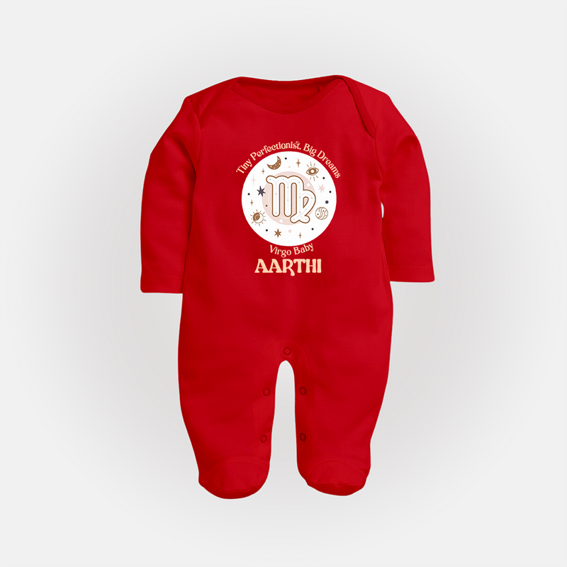 Tiny Perfectionist, Big Dreams Virgo Baby Sleepsuit / Full Sleeve Bodysuit | Personalized Virgo Sleepsuit / Full Sleeve Bodysuit for Your Little Dreamer - RED - New Born (Chest 7.5")