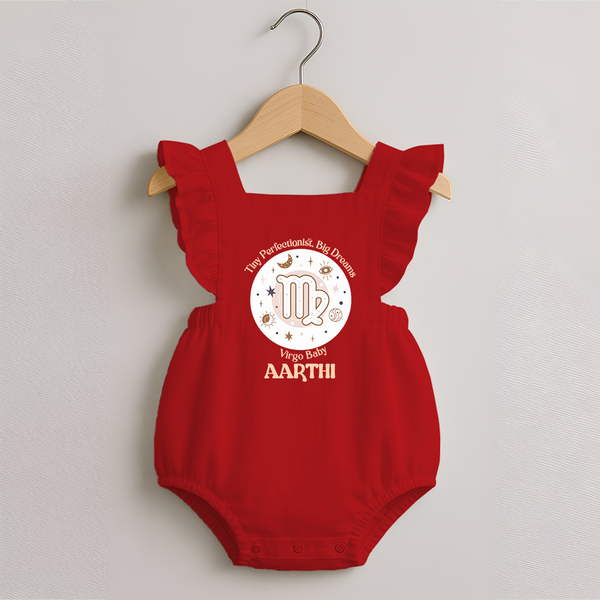 Tiny Perfectionist, Big Dreams Virgo Baby Romper Frock | Personalized Virgo Romper Frock for Your Little Dreamer - RED - 0 - 3 Months Old (Chest 19")