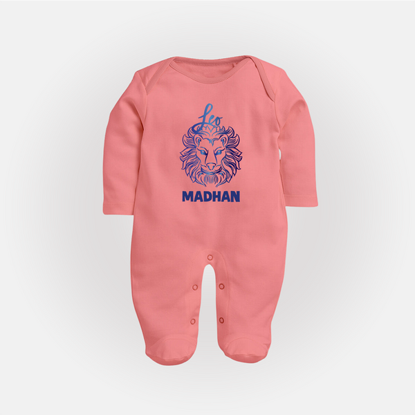 Leo Lion Zodiac Symbol PrintedFullbody Suit - PEACH - New Born (Chest 7.5")