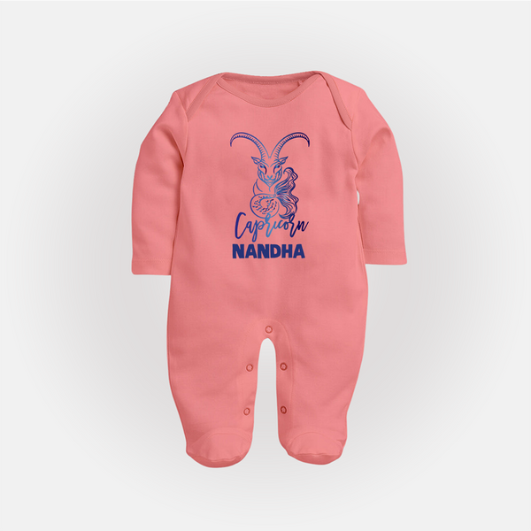 Capricorn Zodiac Goat Symbol PrintedFullbody Suit - PEACH - New Born (Chest 7.5")