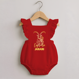 Capricorn Zodiac Goat Symbol Printed Romper Frock - RED - 0 - 3 Months Old (Chest 19")