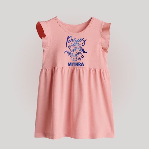 Pisces Fish Zodiac Symbol Printed Baby Frock - BABY PINK - 0 - 3 Months Old (Chest 17")