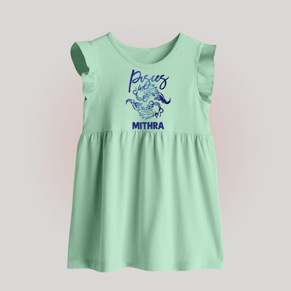 Pisces Fish Zodiac Symbol Printed Baby Frock - MINT GREEN - 0 - 3 Months Old (Chest 17")